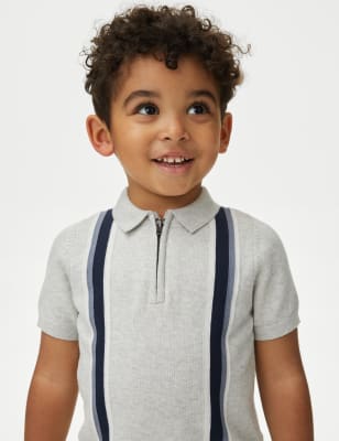 

M&S Collection Gestreiftes Strick-Poloshirt aus reiner Baumwolle (2-8 J.) - Grey Mix, Grey Mix