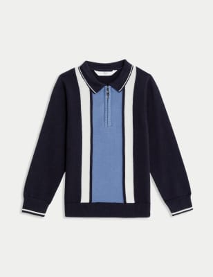 

Boys M&S Collection Pure Cotton Striped Zip Polo Shirt (2-8 Yrs) - Navy Mix, Navy Mix