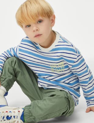 

M&S Collection Gestreiftes Oberteil aus reiner Baumwolle mit Schriftzug „Have Fun Be Happy“ (2-8 Jahre) - Blue Mix, Blue Mix