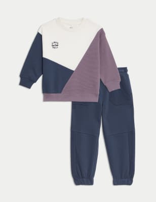 M&S Boys 2pc Cotton Rich Top & Bottom Outfit (2-8 Yrs) - 3-4 Y - Purple Mix, Purple Mix