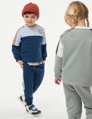 

Boys M&S Collection Cotton Rich Colour Block Sweatshirt & Joggers (2-8 Yrs) - Blue Mix, Blue Mix