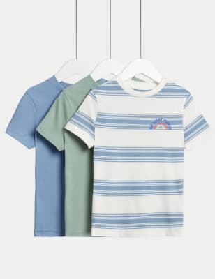 

M&S Collection 3er-Pack T-Shirts aus reiner Baumwolle, mit Streifenmuster und einfarbig (2-8 Jahre) - Blue Mix, Blue Mix