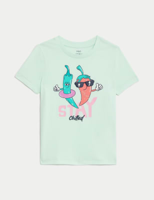 

M&S Collection T-Shirt aus reiner Baumwolle mit Schriftzug „Stay Chilled“ (2-8 Jahre) - Mint, Mint