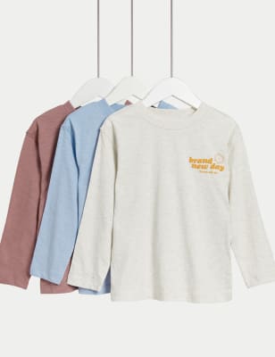 

M&S Collection 3er-Pack Oberteile aus reiner Baumwolle, einfarbig und mit Schriftzug (2-8 J.) - Grey Mix, Grey Mix
