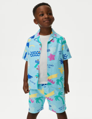 

M&S Collection 2-teiliges Set mit Hemd und T-Shirt aus reiner Baumwolle mit „Holiday“-Motiv (2-8 Jahre) - Aqua Mix, Aqua Mix