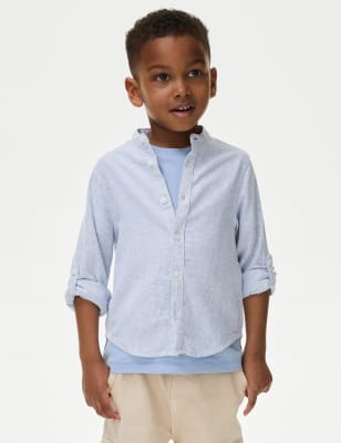 

M&S Collection Camisa con cuello panadero con manga con vueltas de algodón (2-8 años) - Blue, Blue
