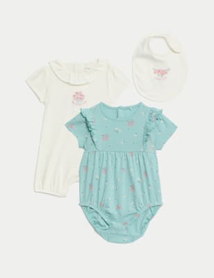 

Girls M&S Collection 3pc Cotton Rich Floral Romper Set (7lbs-1 Yrs) - Teal Mix, Teal Mix