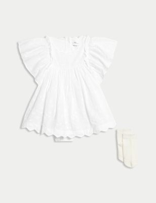 

Girls M&S Collection 2pc Cotton Rich Broderie Dress Outfit (7lbs-1 Yrs), White Mix