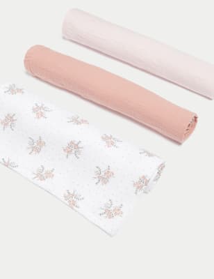 

Girls M&S Collection 3pk Pure Cotton Plain & Floral Muslin Squares - Pink Mix, Pink Mix