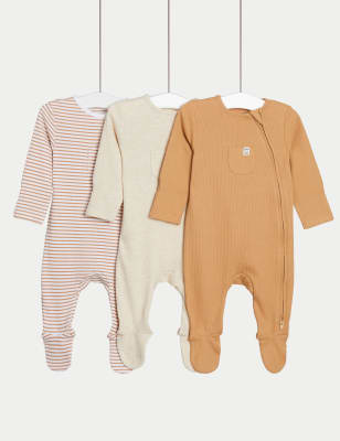 

M&S Collection Pack de 3 bodies para dormir de algodón con diseño a rayas y lisos (0-3 años) - Camel Mix, Camel Mix