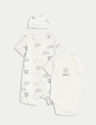 

M&S Collection Conjunto de 3 piezas con pelele 100% algodón con estampado de osos (7 lbs-1 año) - Ecru Mix, Ecru Mix