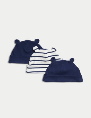 

M&S Collection Pack de 3 gorros de algodón de rayas con orejeras (0-1 año) - Indigo Mix, Indigo Mix