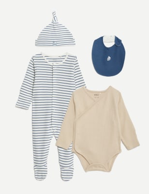 

M&S Collection Conjunto de 4 piezas para primerizos de algodón de rayas (7 lbs-1 año) - Navy Mix, Navy Mix
