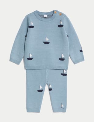 

Boys M&S Collection 2pc Boat Knitted Top & Bottom Outfit (7lbs-1 Yrs) - Blue, Blue