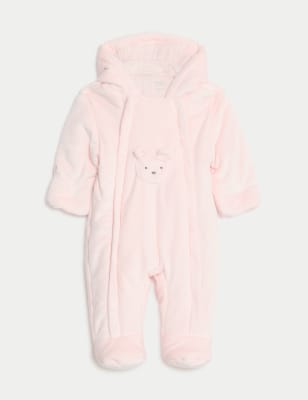 

Unisex,Boys,Girls M&S Collection Velour Bear Pocket Hooded Pramsuit (0-12 Mths) - Pink, Pink