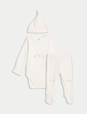 M&S Collection 3pc Cotton Rich Bunny Outfit (7lbs-1 Yrs) - 0-3 M - Cream Mix, Cream Mix