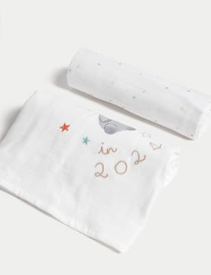 

Unisex,Boys,Girls M&S Collection 2pk Pure Cotton Born In 2024 Large Muslin Squares - White Mix, White Mix