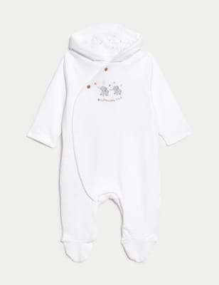 

M&S Collection Einteiler aus reiner Baumwolle mit Kapuze und Elefantenmotiv (3,2 kg-1 J.) - White Mix, White Mix