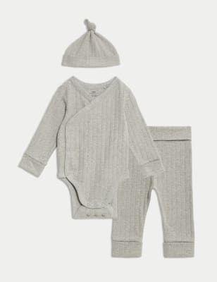 

Unisex,Boys,Girls M&S Collection 3pc Cotton Rich Bodysuit & Hat Outfit (7lbs - 12 Mths), Grey