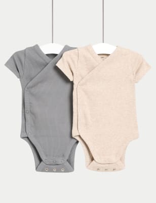 

Unisex,Boys,Girls M&S Collection 2pk Cotton Rich Ribbed Cross Over Bodysuits (0-3 Yrs), Mid Grey