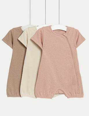 Unisex,Boys,Girls M&S Collection 3pk Pure Cotton Waffle Rompers (6½lbs-3 Yrs), Sandstone