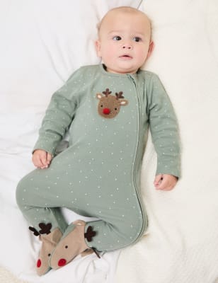 

Unisex,Boys,Girls M&S Collection Pure Cotton Reindeer Sleepsuit (7lbs-12 Mths) - Green Mix, Green Mix