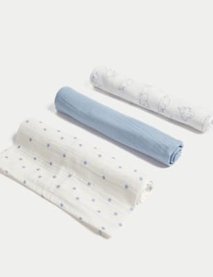 

Unisex,Boys,Girls M&S Collection 3pk Pure Cotton Muslin Squares - Blue Mix, Blue Mix