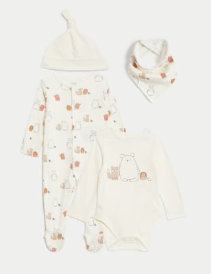 

M&S Collection Conjunto para primerizos de 4 piezas 100% algodón con diseño de animales (7 lbs-1 año) - White Mix, White Mix