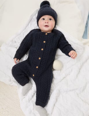 

Unisex,Boys,Girls M&S Collection 2pc Knitted All In One and Hat Set (0-12 Mths) - Navy, Navy