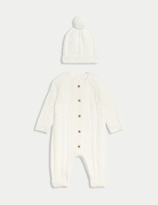 

M&S Collection Conjunto de 2 piezas de gorro y mono de punto (0-12 meses) - Cream Mix, Cream Mix