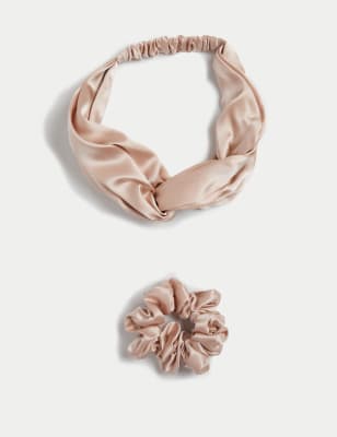 M&S Collection Pure Mulberry Silk Headband and Scrunchie Set - Pink, Charcoal,Pink