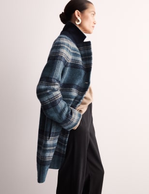 

JAEGER Womens Pure Wool Checked Cocoon Coat - Blue Mix, Blue Mix