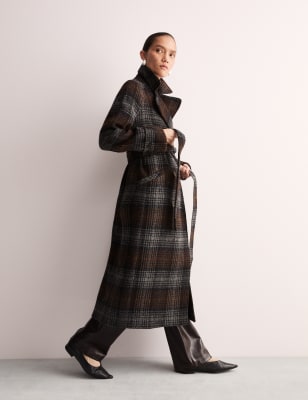 

JAEGER Womens Pure Wool Checked Double Breasted Wrap Coat - Black Mix, Black Mix