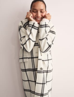 

JAEGER Womens Pure Wool Checked Longline Coat - Ivory Mix, Ivory Mix