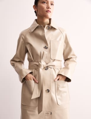 

JAEGER Womens Leather Belted Single Breasted Trench Coat - Ivory, Ivory