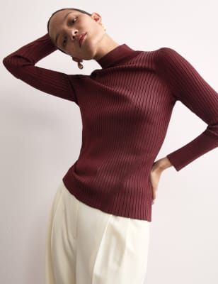 

JAEGER Womens Ribbed Roll Neck Jumper - Burgundy, Burgundy