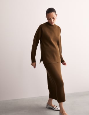 

JAEGER Womens Pure Merino Wool Ribbed Funnel Neck Jumper - Cognac, Cognac