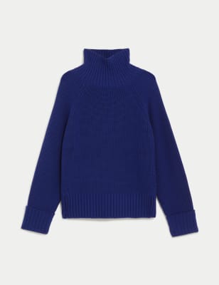 

JAEGER Womens Pure Merino Wool Funnel Neck Jumper - Blue, Blue