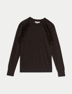 

JAEGER Merino Wool Rich Sparkly Ruffle Jumper - Bronze, Bronze