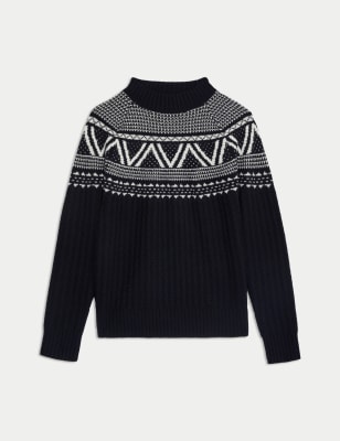 

JAEGER Womens Pure Lambswool Fair Isle Funnel Neck Jumper - Black Mix, Black Mix