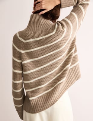 

JAEGER Womens Pure Merino Wool Striped High Neck Jumper - Ivory Mix, Ivory Mix