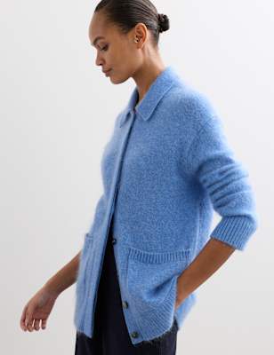 Mohair Blend Collared Cardigan | MID BLUE | Cardigans | M&S CA