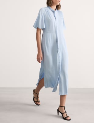 

JAEGER Womens Tie Neck Angel Sleeve Midaxi Shirt Dress - Ice Blue, Ice Blue