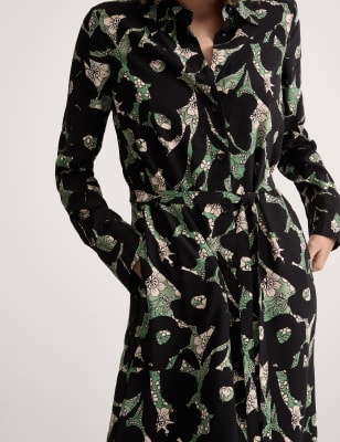 

JAEGER Womens Floral Tie Waist Midi Shirt Dress - Green, Green