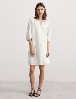 Jaeger Women's Cotton Blend Tie Neck Relaxed Shift Dress - 16 - White, White