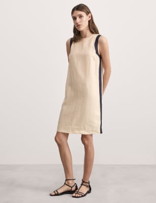 Jaeger Women's Pure Linen Side Stripe Mini Shift Dress - 18 - Parchment, Parchment