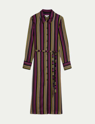 

JAEGER Womens Gestreiftes Midi-Shirtkleid mit Bindegürtel im Taillenbereich - Purple Mix, Purple Mix