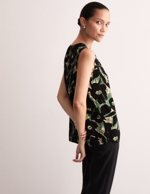 

JAEGER Womens Floral Round Neck Blouse - Green, Green