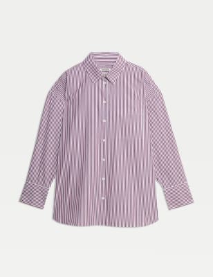 

JAEGER Womens Pure Cotton Striped Collared Oversized Shirt - Red Mix, Red Mix