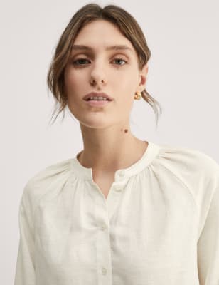 Jaeger Women's Linen Rich Crew Neck Button Through Blouse - 10 - Ivory, Ivory